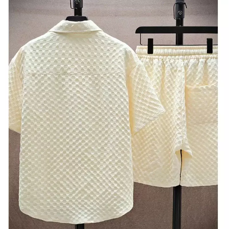طقم قميص وسراويل قصيرة الأكمام من الحرير الجليدي ، ملابس كاجوال كبيرة الحجم ، كورية ، فاخرة ، عالية الجودة ، 2 صي