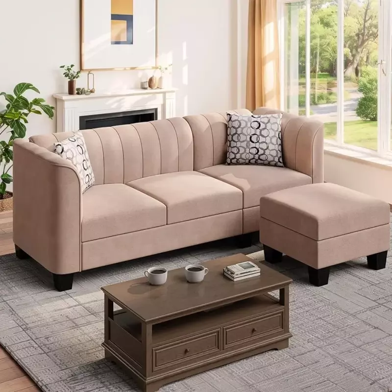 أريكة مقطعية قابلة للتحويل مع مسند ذراع مرتفع ، 3 مقاعد ، أريكة على شكل حرف L ، قماش كتان ، أريكة صغيرة ، منتصف القرن ، بيج