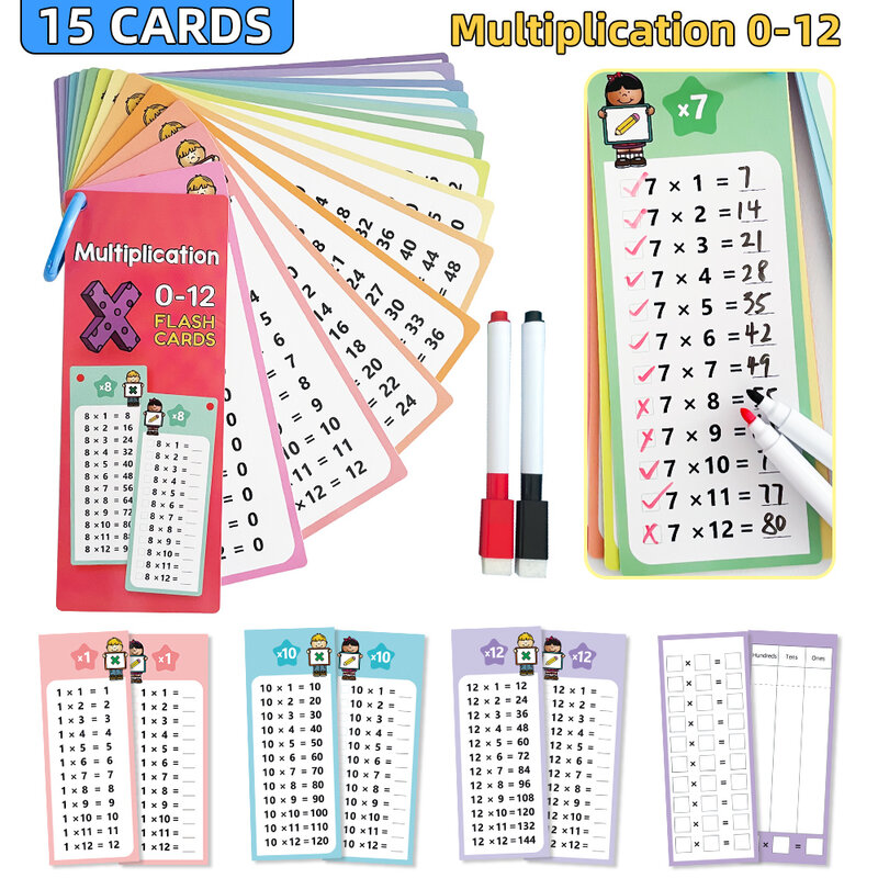 بطاقات مضاعفة الرياضيات ، 0-12 أداة تعليمية ، مستلزمات تعليمية ، بطاقة ألعاب رياضيات ، كتابة متكررة ، تدريب فكري ، 15 بطاقة