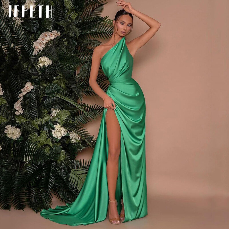 فستان سهرة من JEHETH أخضر بسيط بكتف واحد من الساتان ذو فتحة جانبية عالية فساتين حفلات رسمية للمشاهير