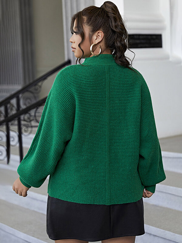 ONELINK الأخضر الداكن حجم كبير المرأة سترة طاقم الرقبة Solf الحياكة البلوز كم طويل فضفاض عادية مكتب ارتداء