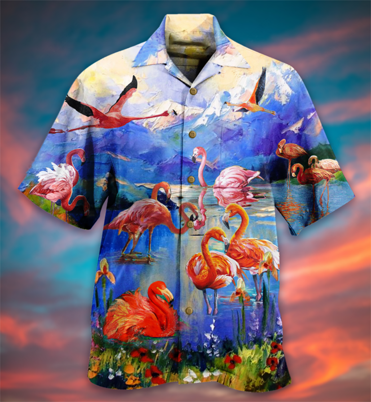 الصيف Hot البيع قميص هاواي صيفي للرجال ثلاثية الأبعاد الكرتون فلامنغو قميص رجالي الشاطئ المتضخم مضحك ملابس للرجال الموضة قصيرة الأكمام