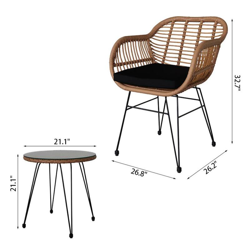 US Stock 3pcs Tempered Glass Table Chair Three-piece Set Handwoven Wicker Rattan For Patios Porches Poolsides Yards