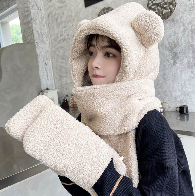 Little Bear Hat Scarf Autumn Winter Scarf Female Hat Scarf Gloves One Cartoon Cute Warm Plush Girl Fashion White