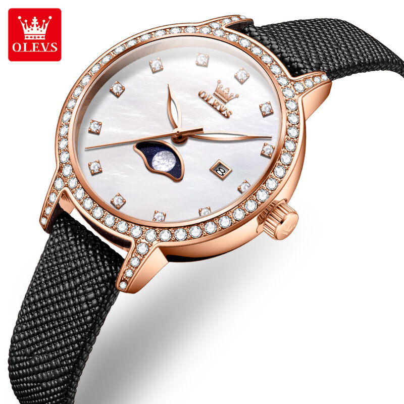 ساعة Olevs-quartz بسوار جلدي ، قرص دائري ، تقويم ، موضة ، هدية