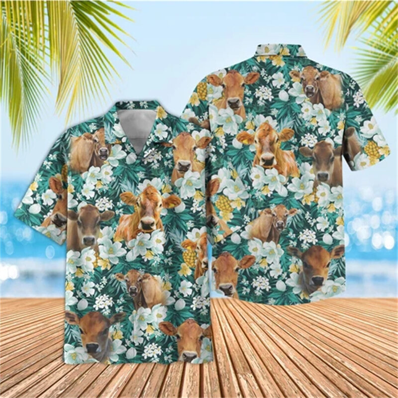 قمصان شاطئية ثلاثية الأبعاد للرجال ، بلوزة قصيرة الأكمام بطية صدر دب ، قمم أزرار هاواي للأولاد ، ملابس حيوانات مضحكة ، بقرة