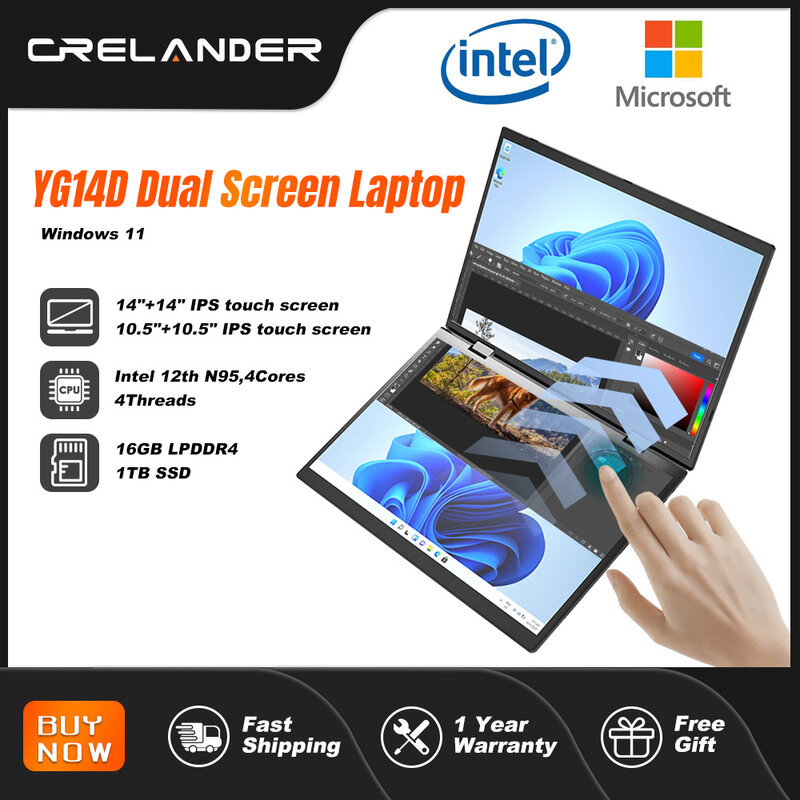 كريلاندر-لابتوب سين مزدوج ، 14 + 14 بوصة ، 2K شاشة تعمل باللمس ، إنتل N95 CPU ، درجة فليب ، علبة معدنية ، كمبيوتر