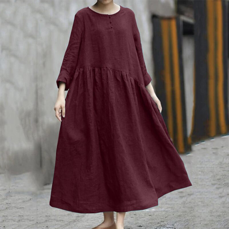 فستان نسائي فضفاض كاجوال من الكتان القطني ، أنيق بأكمام طويلة مع جيب ، أحمر ، أخضر ، أسود ، خيارات مقاسات ، M ، 3XL ، كبير الحجم