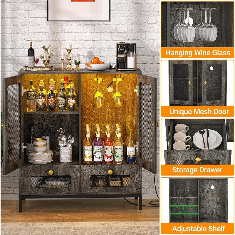 خزانة بوفيه جانبية مع أدراج ، خزانة بار النبيذ مع منفذ الطاقة ، ضوء LED ، تخزين المطبخ