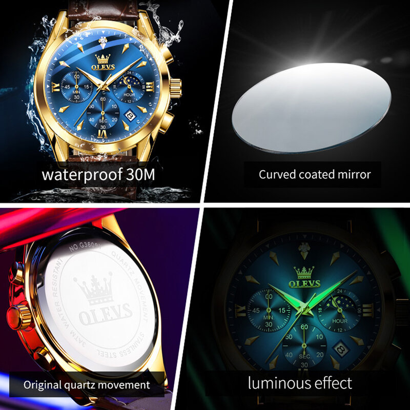 ساعة كوارتز جلدية مقاومة للماء من OLEVS للرجال ، تقويم مضيء ، ساعات كرونوغراف ، ذهبية ، زرقاء ، علامة تجارية للأزياء