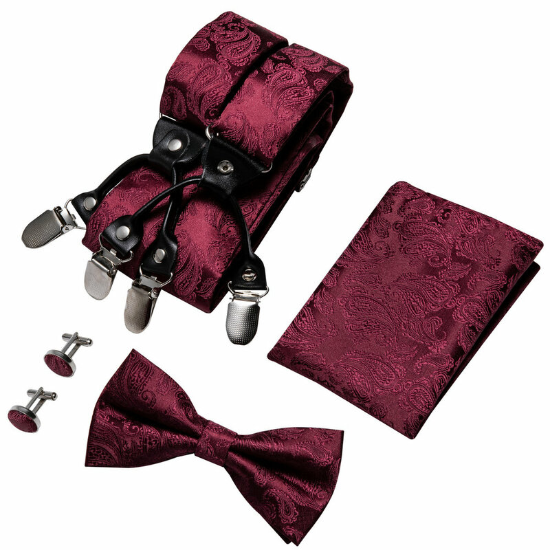 أنيقة الحمالات الرجال بورجوندي الأحمر بيزلي الحرير الجاكار قبل ربطة القوس منديل مجموعة أزرار أكمام باري. وانغ مصمم هدية الزفاف