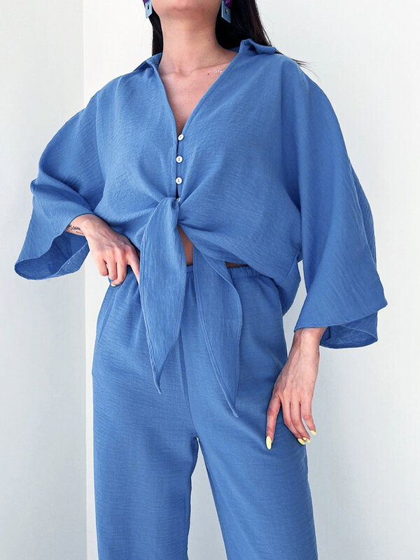 Marthaqiqi-طقم فساتين نوم مثيرة للإناث ، ملابس نوم برقبة على شكل حرف V ، بيجامة برباط ، ملابس نوم بأكمام ثلاثة أرباع ، بنطال نوم ، بدلة من قطعتين