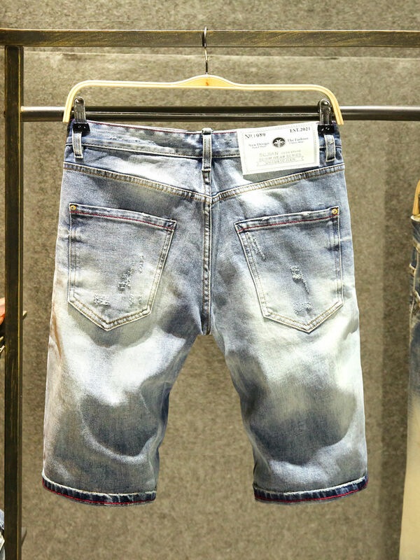 سراويل جينز للرجال بقصة ضيقة بطول الركبة ، جينز بالأسى مع تطريز ، سراويل قطنية ، ملابس غير رسمية ، فاخرة ، صيفية ، جديدة