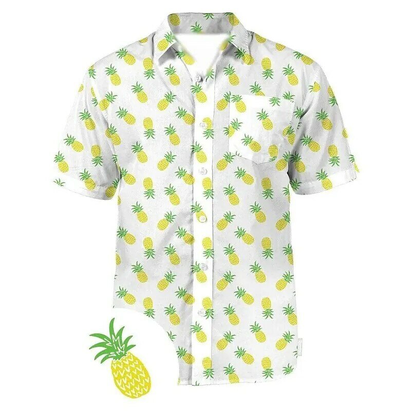 قميص رجالي بأزرار هاواي ، نمط فاكهة ، طية صدر موزة ، أكمام قصيرة ، طباعة أزرار ، ملابس الشوارع ، أزياء خارجية ، الصيف