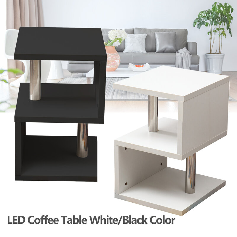 طاولة قهوة عالية اللمعان على شكل S ، طاولة جانبية للأريكة من 3 طبقات ، مصباح LED حديث ، لنا ، أبيض ، أسود