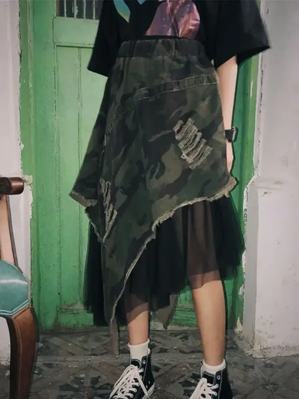 XITAO التمويه شبكة لصق تنورة طويلة الشارع غير متناظرة عالية الخصر ملابس الصيف للنساء موضة فضفاضة عادية XJ1689