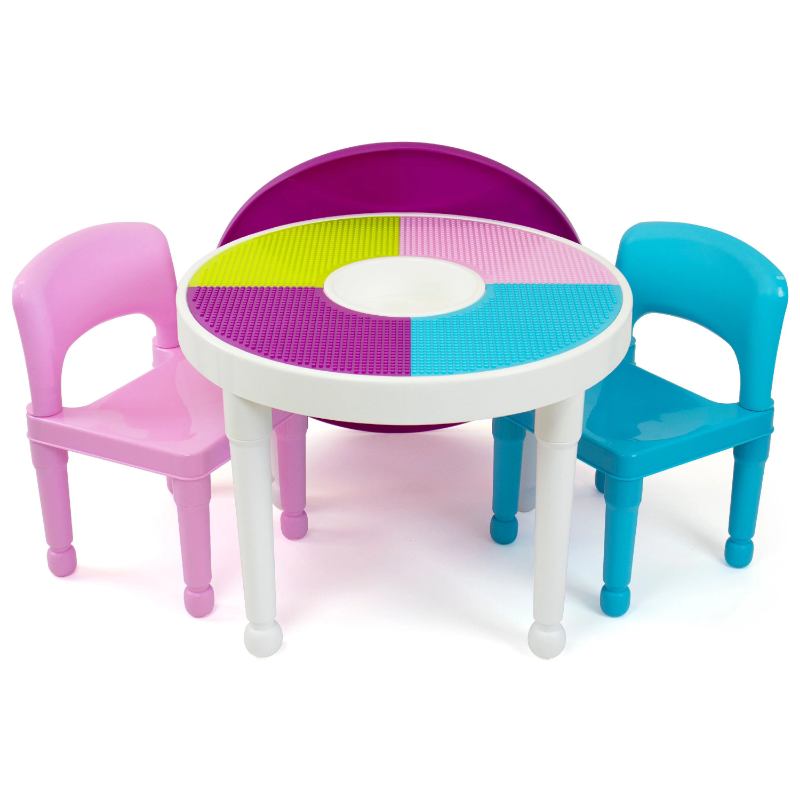طاولة أنشطة بلاستيكية 2 في 1 للأطفال ومجموعة 2 كراسي ، مستديرة ، بيضاء ، زرقاء وزرقاء مكتب المدرسة وكرسي