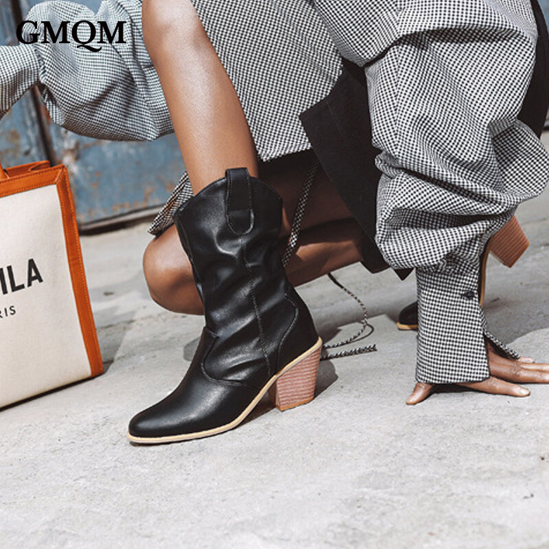 حذاء بكعب مكتنز مدبب من GMQM للنساء ، حذاء رعاة البقر المثير ، طراز الشارع ، حذاء قصير للسيدات ، موضة الخريف ، علامة تجارية جديدة ،