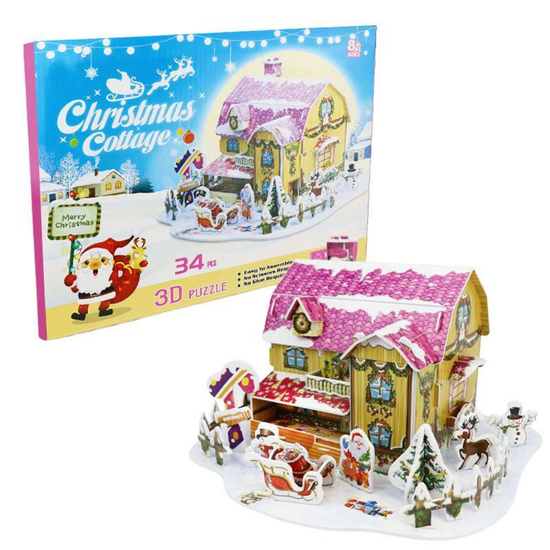 عيد الميلاد قرية موضوع الألغاز ثلاثية الأبعاد ، مشهد الثلج الأبيض ، بلدة صغيرة ، زينة الهدايا