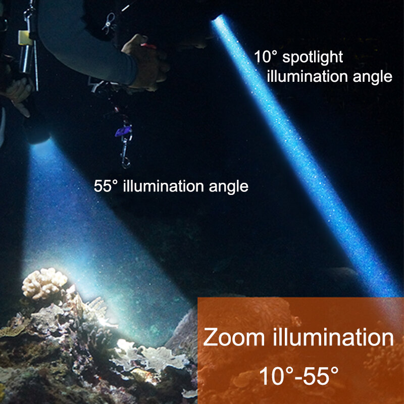 مصباح غوص قابل للتكبير D10U ، شعلة غوص سكوبا تحت الماء ، تركيز متغير 60 متر ، مصباح غوص
