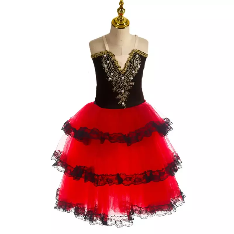 تنورة باليه رومانسية للفتيات ، فستان أحمر إسبانية للنساء ، تول ناعم ، فستان طويل للأطفال ، أزياء أداء راقصة الباليه ، أحمر