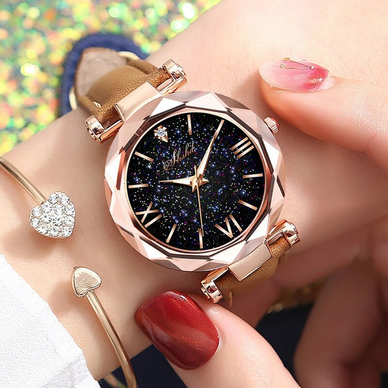 ساعة يد نسائية كاجوال من الجلد المصنفر ، ساعة يد بسيطة رائعة من الماس بالكامل ، أزياء عالية الجودة