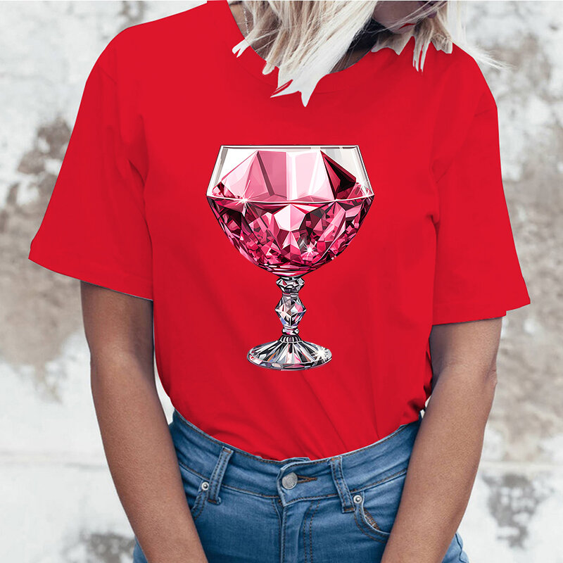 تي شيرتات نسائية مطبوعة من الزجاج والنبيذ الوردي ، قمصان كاجوال بأكمام قصيرة ، قمم برقبة مستديرة ، أزياء صيفية ، جودة عالية #5