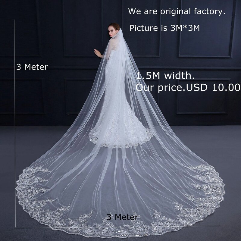طرحة زفاف بيضاء عاجية بطول 3 أمتار ، حجاب زفاف طويل بحافة من الدانتيل مع مشط ، إكسسوارات زفاف ، طرحة زفاف