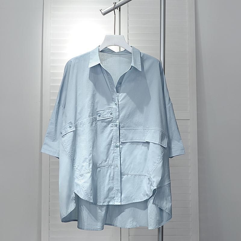 قمصان كبيرة الحجم للنساء تصميم عصري قميص غير رسمي لون سادة فضفاضة قصيرة الأكمام البلوزات 2023 الاتجاه الصيف الجديد قمصان رقيقة