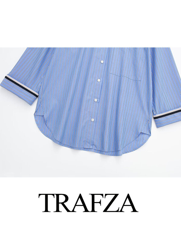 TRAFZA أنيقة زرقاء مخططة بياقة مطوية لأسفل بلوزات للنساء ، أكمام طويلة ، صدر واحد ، قمصان نسائية فضفاضة غير رسمية ، جديد ، صيف