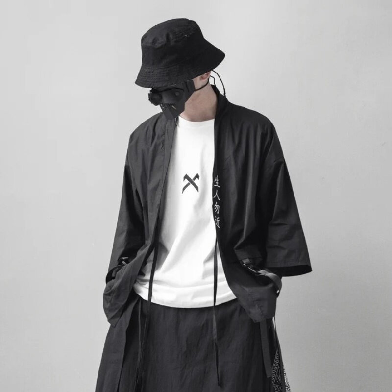 كيمونو أسود تقليدي ياباني ، بدلة تنكري نينجا ديابلو ساموراي ، معطف بتصميم هانفو ، كارديجان ملابس الشارع ، جديد ، 2023
