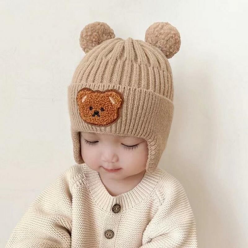 الأطفال الكرتون الدب محبوك قبعة ، حماية الأذن ، أفخم الكرة ، سميكة ، دافئة ، لينة ، للجنسين الطفل قبعة صغيرة ، الشتاء