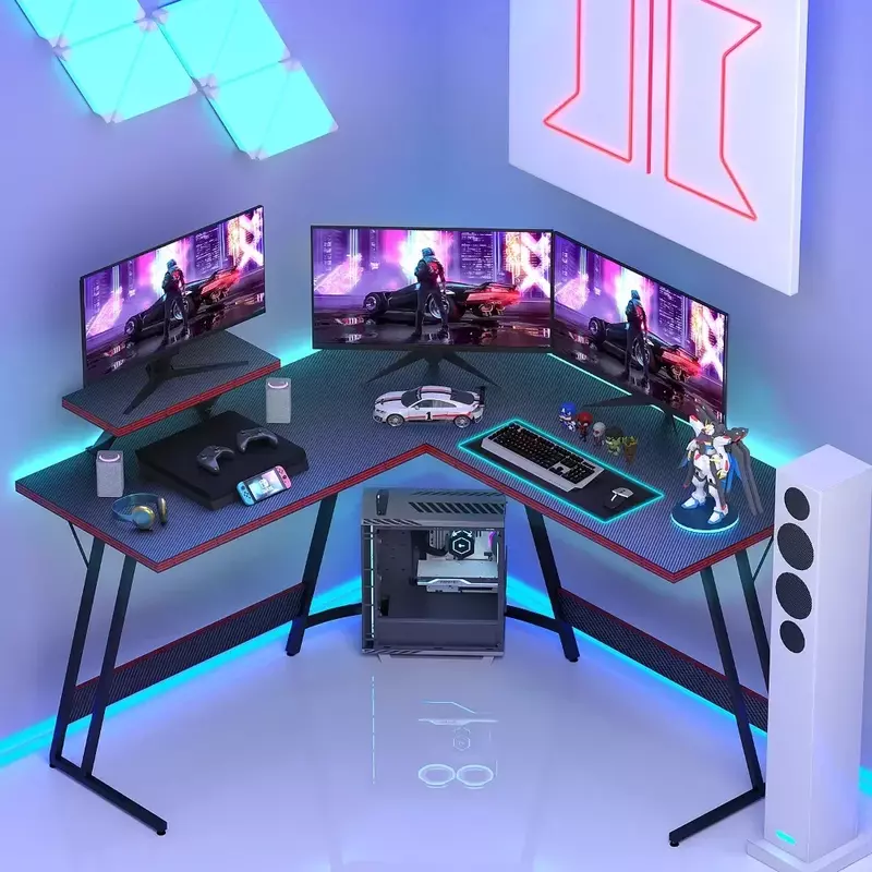 مكتب ألعاب على شكل حرف L مع حامل شاشة كبير ناهض ، زاوية كمبيوتر ، طاولة كمبيوتر ، أسود ، 51 بوصة