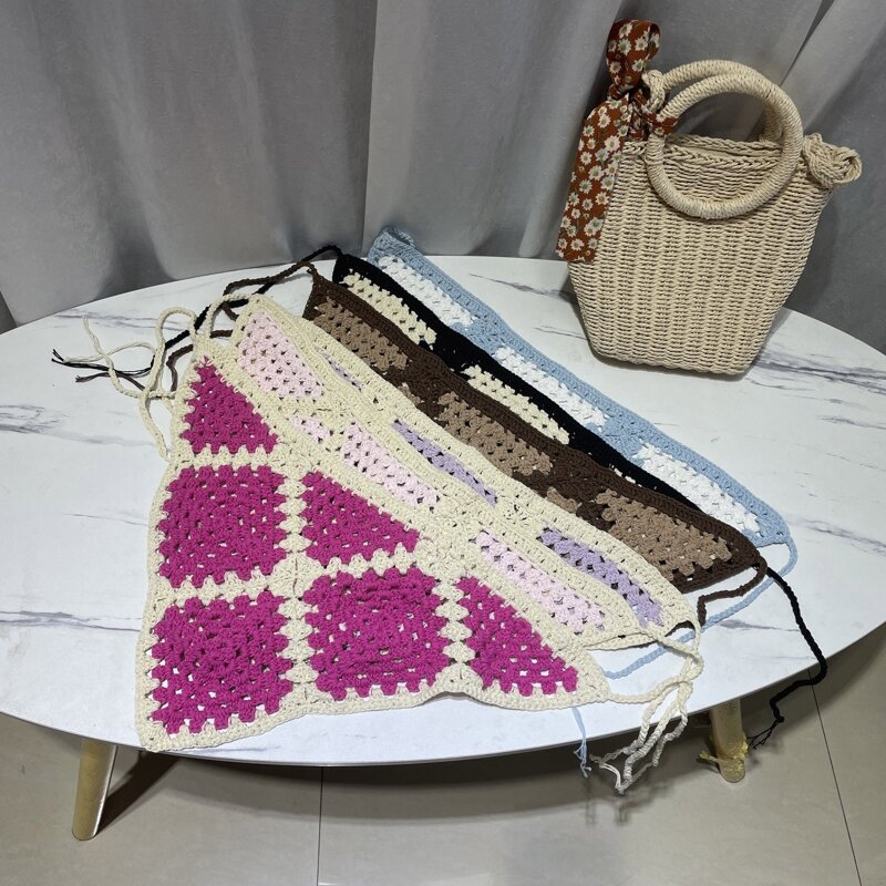 449B Triangle Bandana Turban Crochet Hair Scarf Color Matching Hairband Knitted Headband for Women Trend Y2K Hair Accessory