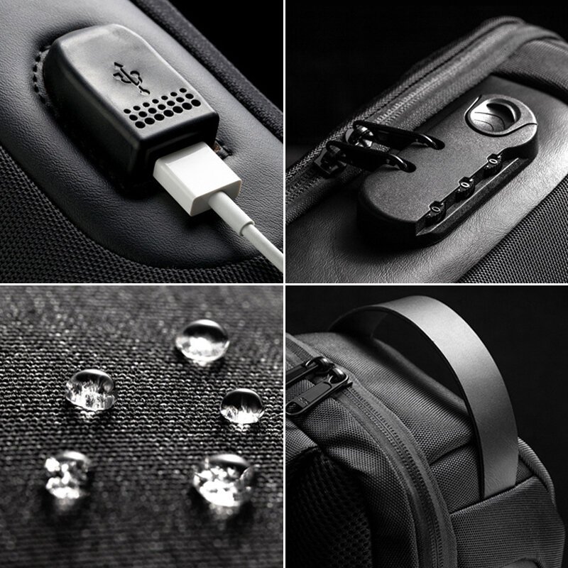 حقيبة كروس مضادة للسرقة للرجال مع قفل كلمة المرور ونظام شحن USB مقاوم للماء أكسفورد القماش الرياضة حقيبة الصدر واحد الكتف