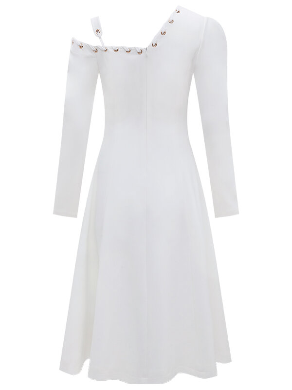 فستان أبيض أنيق للنساء من YIGELILA بياقة مربعة وأكمام طويلة فستان بلون سادة فستان إمبراطورية ضيق على شكل حرف a بطول الركبة 67547