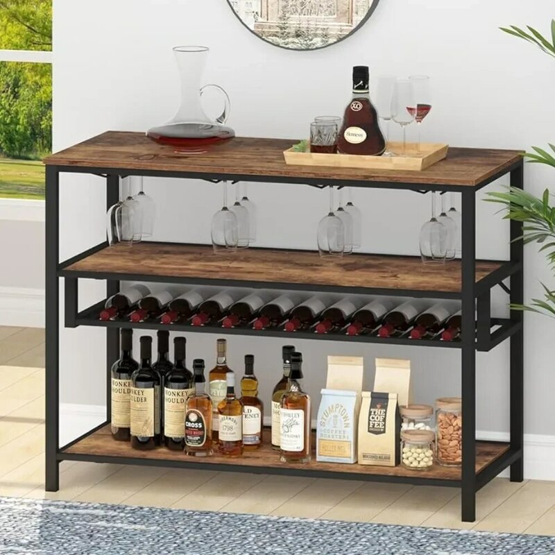 طاولة خشبية ريفية لرف النبيذ ، خزانة بار نبيذ مع حامل زجاج للنبيذ ، مطبخ وغرفة معيشة
