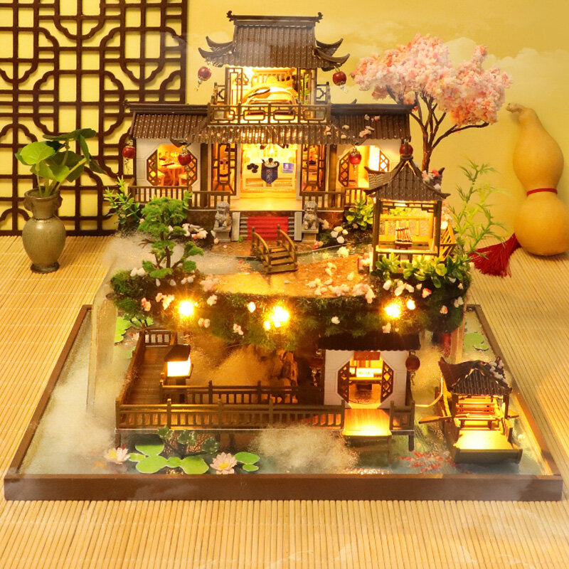 لتقوم بها بنفسك عدة بيت الدمية الخشبية مصغرة مع الأثاث الصينية فيلا لوفت كازا فيلا دمية اللعب لفتاة ناضجة هدية عيد ميلاد