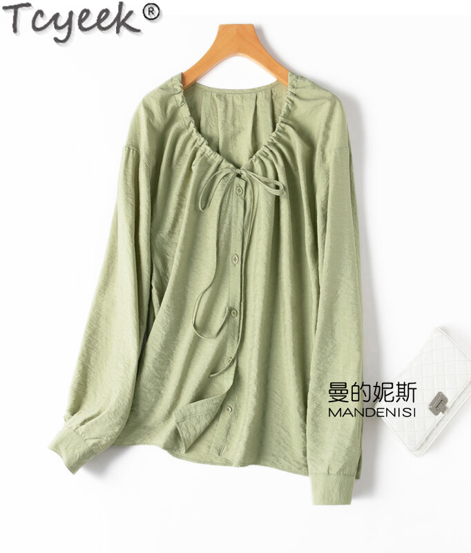 Tcyeek-قميص حرير ملبري حقيقي للنساء ، قمم أنيقة ، بلون واحد ، ملابس واقية من الشمس للنساء ، الربيع والصيف ،