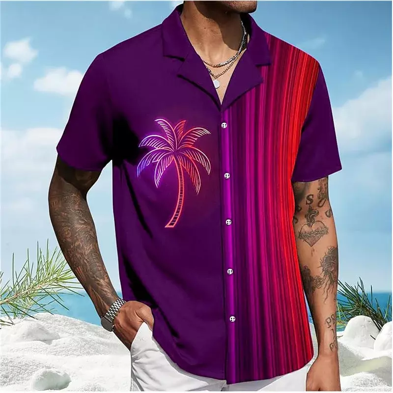 قميص للرجال مطبوع ثلاثي الأبعاد شجرة النخيل ، طية صدر السترة الصيفية للشاطئ للعطلات ، أكمام قصيرة ، قميص أرجواني ، مقاس كبير 5XL ، 8 ألوان ، هاواي ، الصيف