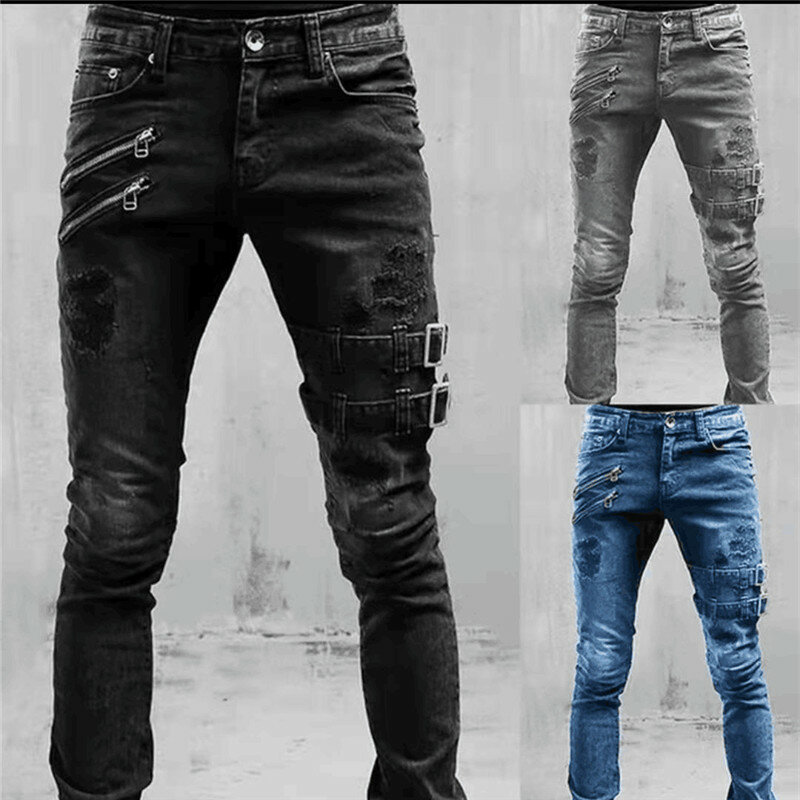 بنطال جينز رجالي كاجوال مطاطي ، موضة جديدة ، جينز هاراجو ضيق ، بنطال Y2K للشتاء ، خريف