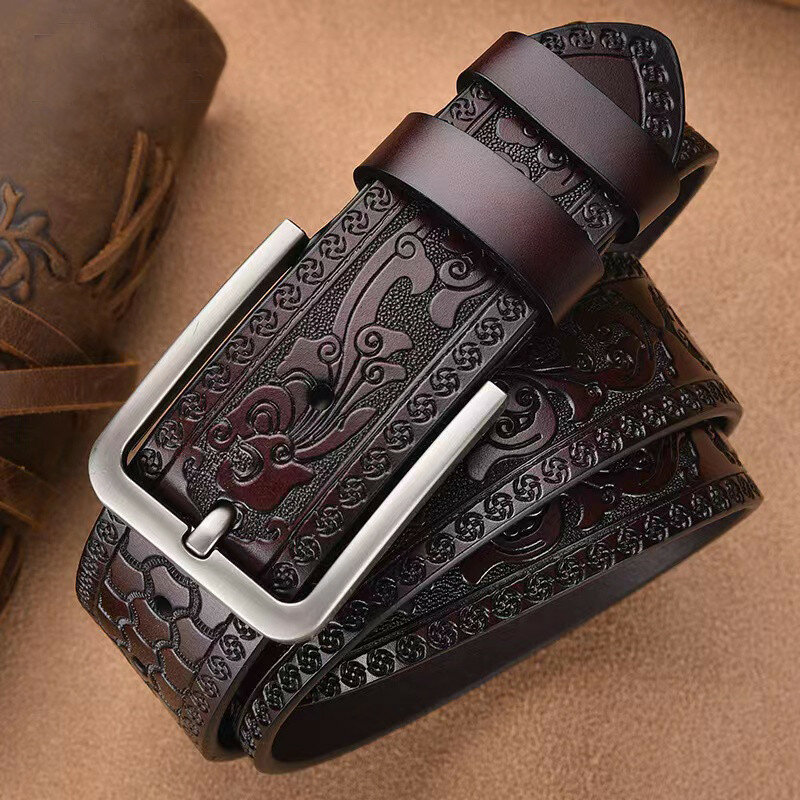 الرجعية منحوتة الحرفية الرجال حزام جلد البقر دبوس مشبك الموضة الدنيم سراويل تقليدية حزام