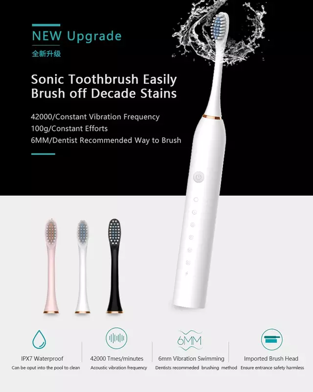 فرشاة أسنان كهربائية برأس بديل ، فرشاة أسنان توقيت ذكية ، قابلة لإعادة الشحن USB ، تنظيف الأسنان ، تبييض ، سونيك