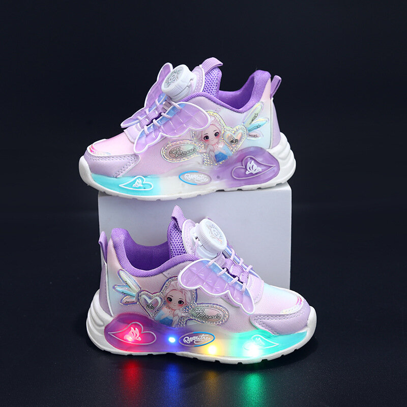 حذاء جلد Bowknot LED من ديزني-بنات ، أحذية رياضية من إلسا برينسيس مجمدة ، مضاءة ، مانعة للانزلاق ، أرجواني ، كاجوال ، ربيعي ، مقاس 21-30
