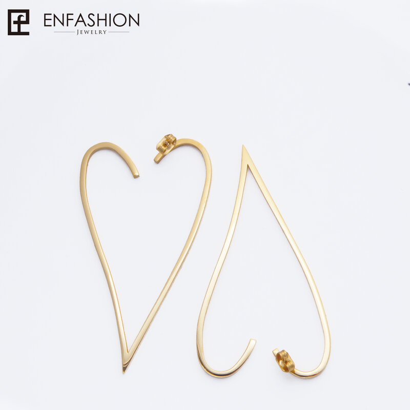 Enfashion مجوهرات هندسية كبيرة القلب أقراط الذهب اللون الفولاذ المقاوم للصدأ انخفاض الأقراط الطويلة للنساء خواتم EB171037
