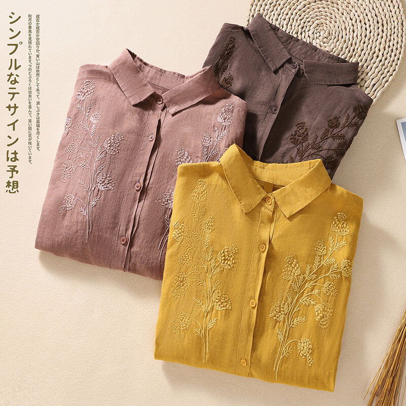 YCMYUNYAN-قميص صيفي على الطراز الصيني للنساء ، بلوزات كتان قطنية عتيقة ، بلوزات مطرزة فضفاضة ، ملابس عصرية