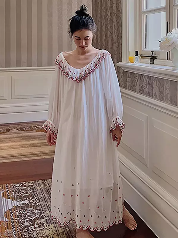 فستان ليلي عتيق للأميرات الجنية الفرنسية للسيدات ، بيجامات بأكمام طويلة ، قمصان نوم فيكتورية ، تطريز جميل ، كشكشة ، مجموعتان