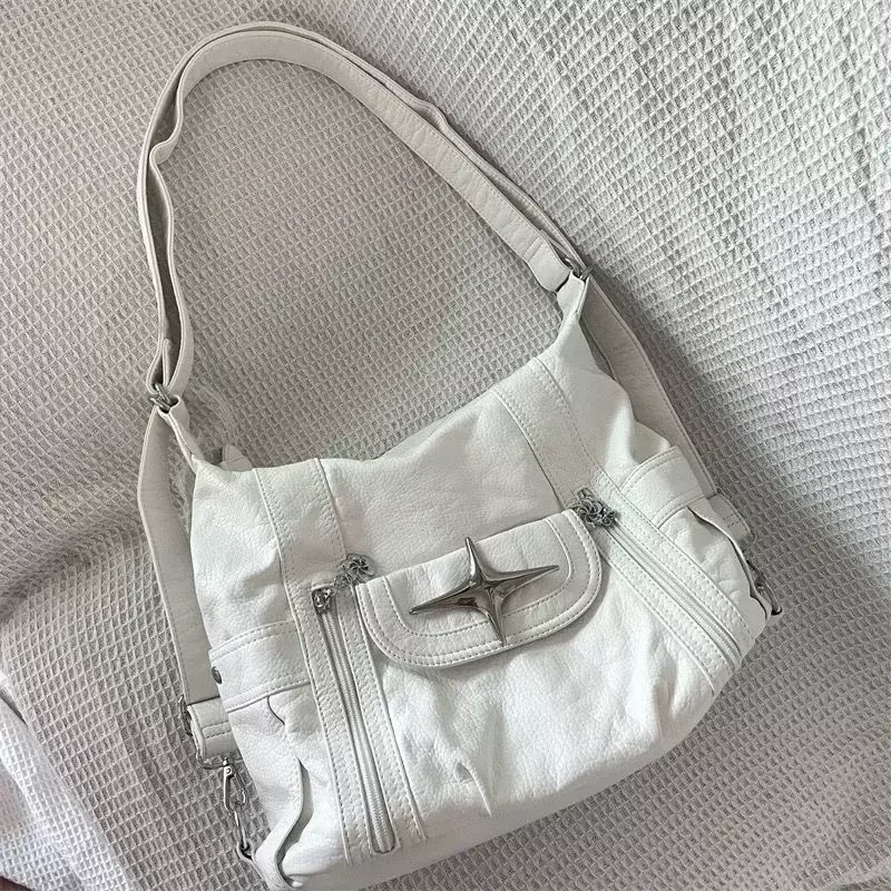 Xiuya-White فاسق الجلود عبر حقيبة يد ، حقيبة الكتف سعة كبيرة ، وحقيبة يد مصمم بسيط ، النمط الأمريكي ، والأزياء القوطي ، Y2k