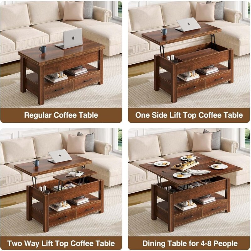 طاولة قهوة قابلة للتحويل متعددة الوظائف ، قمة رفع ، مع أدراج ومقصورة مخفية