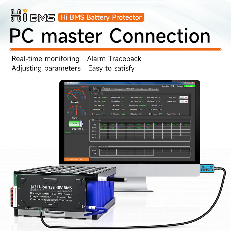 ملحقات Bms الذكية HiBMS ، وحدة بلوتوث واي فاي لdaly Hi الذكية BMS ، USB إلى RS485 إلى UART لوحة عرض الطاقة